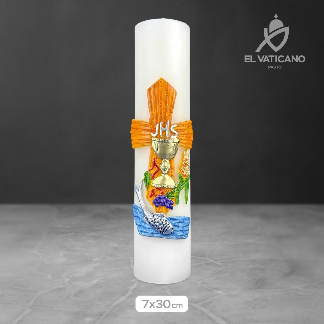 Cirio Eucaristía y Pez 7x30