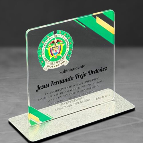Placa pequeña de acrílico transparente con base en acrílico metal - Imagen 2
