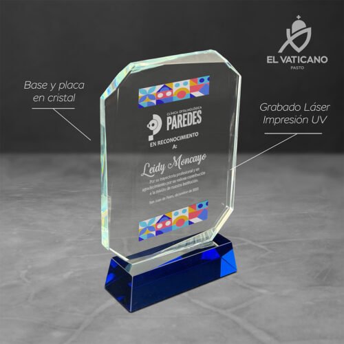 Placa de cristal octagonal con base de cristal azul - Imagen 2